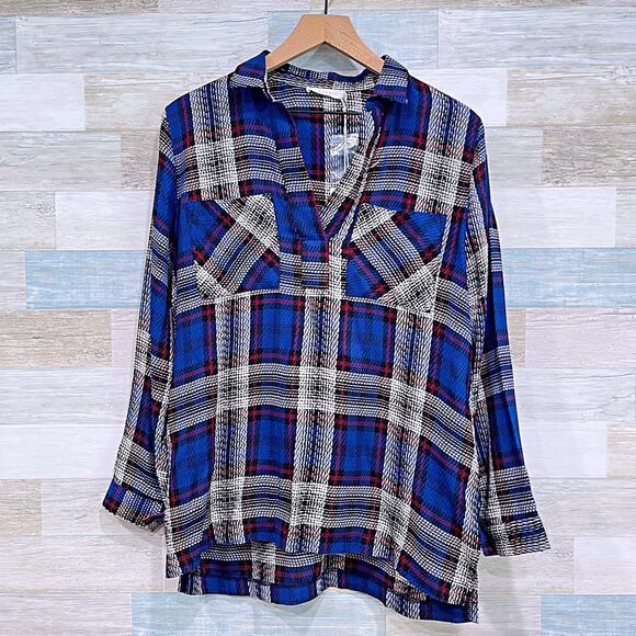 LUSH Plaid Flannel Popover Longline Top Blue Gray Red Relaxed Fit Womens Small - Picture 1 of 6